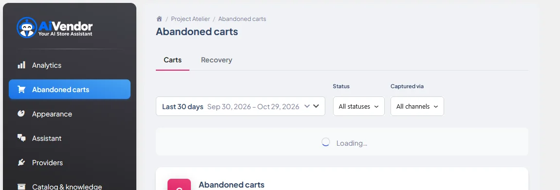 Abandoned cart recovery screen in the Ai Vendor WooCommerce admin